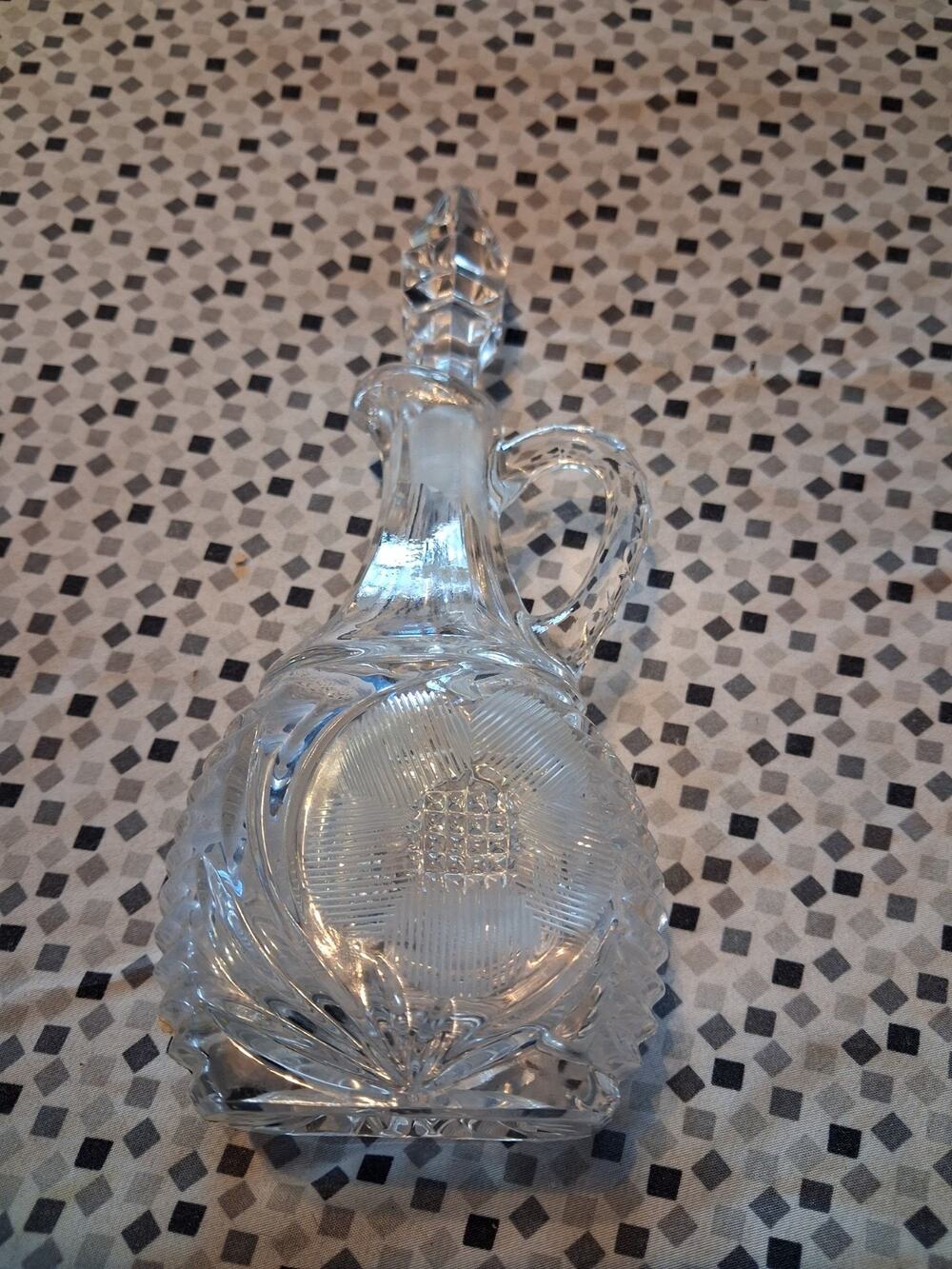 Crystal Vintage Floral Etched Cruet Decanter with Stopper & Handle